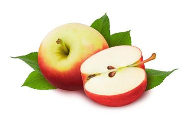 Ripe red Apple and half cut with green fresh leaves and foliage isolated on white background