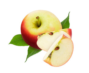Ripe red Apple fruit and quarter cut with green fresh leaves and foliage isolated on white background