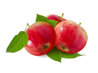 Group of red apples with green leaves isolated on white background