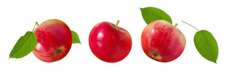 Three ripe red whole apples with green leaves isolated on white background, set for packaging design