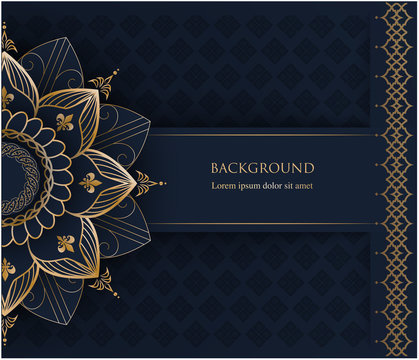 Pattern with golden vintage ornament mandala and place for text on navy blue background for invitation, postcard background - Powered by Adobe