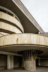 Wall with panels fragment of building in Saint-Petersburg, Russia, Soviet modernism brutalism