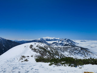 Fototapeta na wymiar 雪山　北アルプス　西穂高岳　青空　風景　
