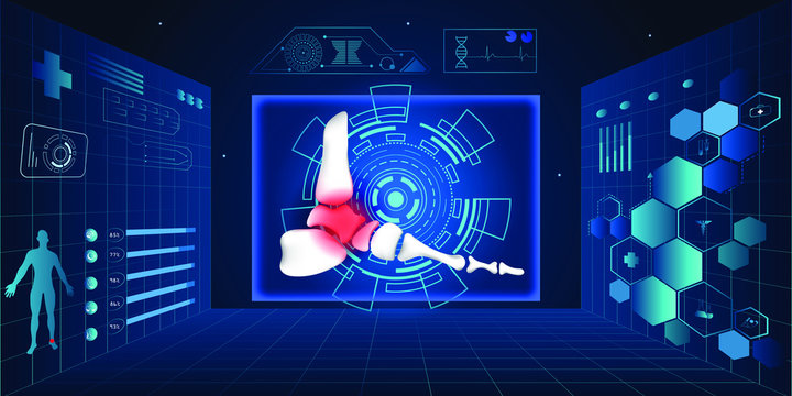 Molecular structure foot injury background. Abstract traumatology and orthopedics with molecule DNA. Medical, science and technology, hospital for body joints, anatomy concept. Vector illustration