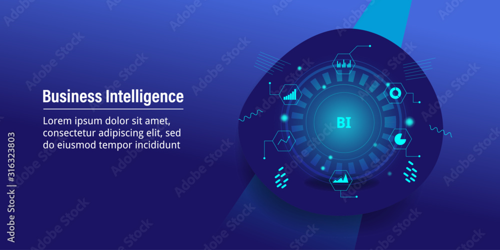 Poster business intelligence and marketing analytic with key performance indicator concept, holographic and