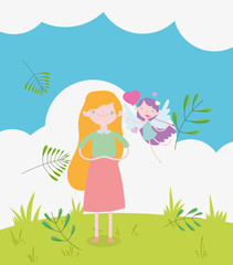 happy valentines day, flying cupid with arrow hearts and young woman meadow foliage scene