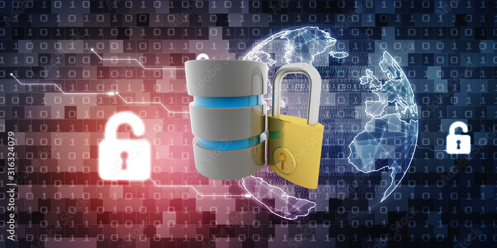 Poster 3d illustration database storage security concept. disk with lock