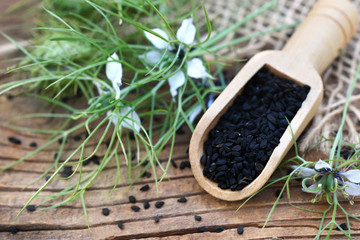 Black cumin (nigella sativa or kalonji) seeds in spoon on plants and flowers background