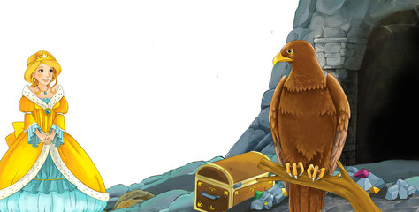 cartoon scene with bird eagle with entrance to the mine with bird eagle on white background with space for text - illustration for children
