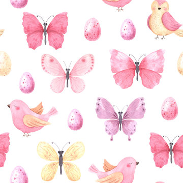 Watercolor butterflies and birds seamless pattern