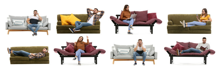 Collage with young people resting on sofas against white background