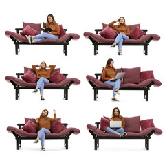 Collage with young woman resting on sofa against white background