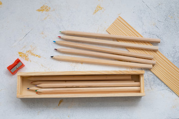 wooden pencil case with colour pencils for back to school