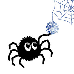black funny spider touching blue snowflake on the web. vector illustration. cartoon character. kids print. design element for label, sticker, baby book layout, t shirt