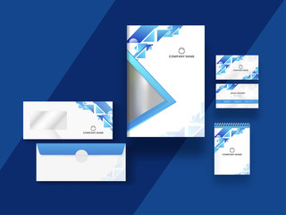 Business card, cover and template design with abstract geometric elements on blue background.