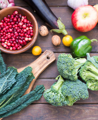 Healthy eating background / different fruits and vegetables on old wooden table