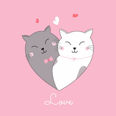 Loving Cartoon Cat Couple on Pink Background for Love Concept.