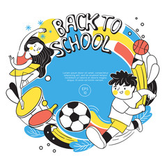 Boy and girl playing sports : Football and ballet with 'Back to school' elements in circle form isolated on white background  : Vector Illustration