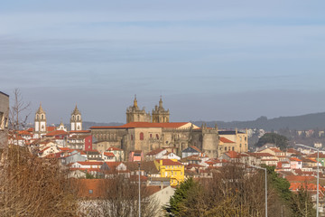Naklejka na ściany i meble View at the Viseu city downtown, with Cathedral of Viseu and Church of Mercy on top, Se Cathedral de Viseu e Igreja da Misericordia, monuments of various classical styles