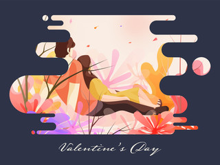 Valentine's Day Celebration Concept with Back View of Young Couple Character Sitting on Nature View Abstract Grey Background.