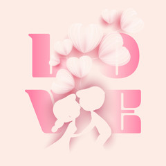 Silhouette Kids Kissing with Bunch of Origami Paper Heart Balloons for Love Concept.