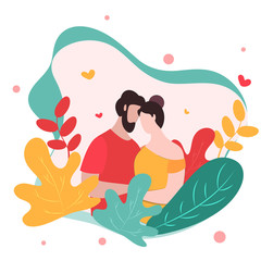 Faceless Lover Couple Character with Colorful Leaves View on White Background.