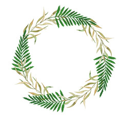Watercolor botanical round frame. Green foliage, fern, tropics, exotic. Wedding invitation template.