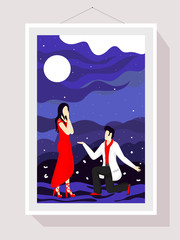 Romantic Full Moon Background with Young Boy Proposing to His Girlfriend in Rectangular Photo Frame.