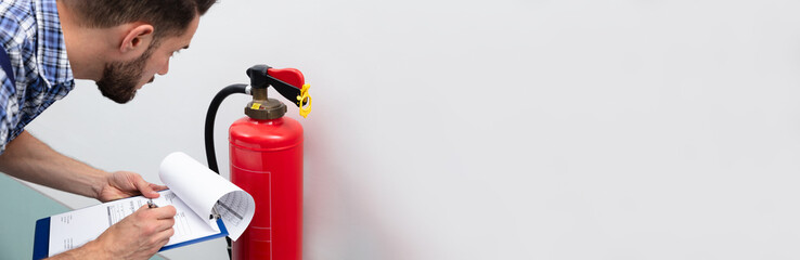 Man Checking Fire Extinguisher Writing On Document