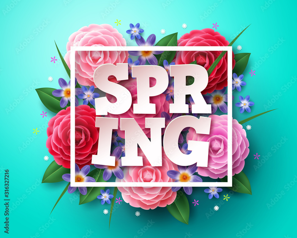 Poster spring vector concept design. spring text 3d typography with white boarder, and colorful elements li