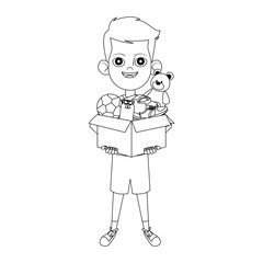 cartoon boy holding a box with donation stuffs