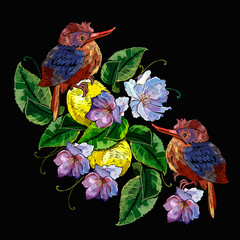 Embroidery tropical birds, blossoming lemons and spring pink flowers. Fashion spring template, t-shirt design