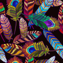 Embroidery seamless pattern. Beautiful tropical peacock feathers. Fashion template textiles, t-shirt design
