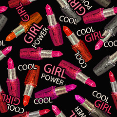 Lipstick seamless  pattern. Embroidery. Cool, girl power slogan. Fashion template for clothes, textiles, t-shirt design. Cosmetics and makeup art