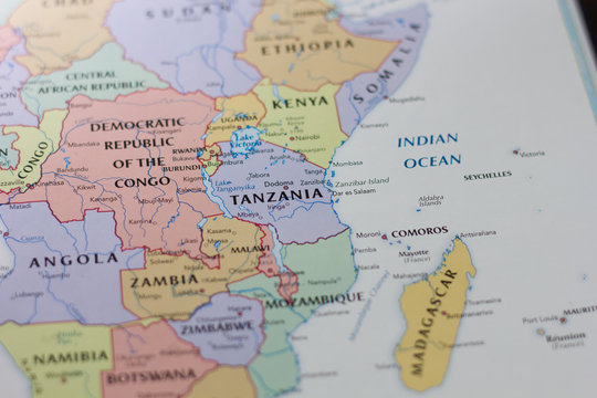 Tanzania on the map of the world.