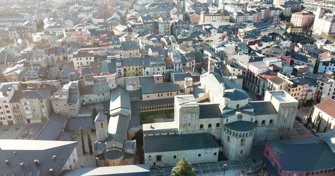 Aerial view of Spanish city of la Seu d'Urgell with Romanesque Cathedral of Santa Maria in autumn day