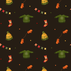 Seamless pattern Christmas  socks , sweater, hat, mittens on dark background