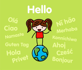 girl standing on globe saying hello in many languages © Veronika