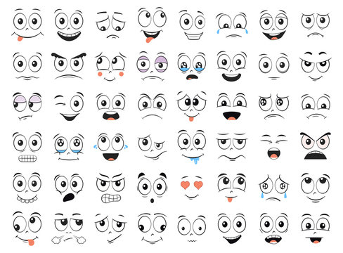Cartoon faces set. Angry, laughing, smiling, crying, scared and other expressions. Vector illustration.