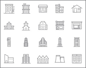 Set of building and real estate Icons line style. Included the icons as house, constructor, city, town, apartment, office, theater and more. customize color, stroke width control , easy resize.