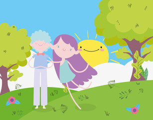 happy valentines day, cute young man and cupid cartoon field flowers trees sun