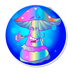 Vibrant colorful mushroom on a fluorescent background. Vector sticker. Style of 60s.