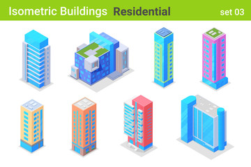 Isometric Buildings Residential and Commercial Skyscrapers flat vector collection