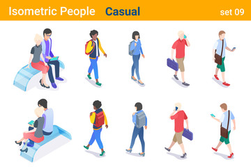 Isometric Casual People flat vector collection. Man and Woman walking, talking or looking on Mobile phone, sitting and hugging on bench  back and front poses