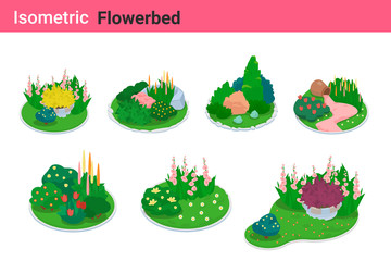 Isometric Flower bed flat vector collection. Garden bed Flowerbed landscape design elements. - obrazy, fototapety, plakaty