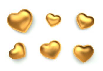 Set of amazing realistic golden hearts, isolated on white background. 3d vector template for Valentines day or wedding design greeting card. Vector illustration