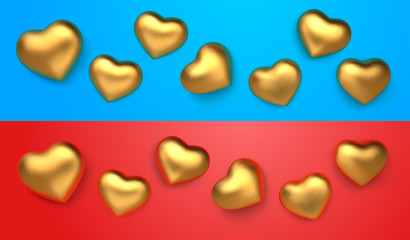 Obraz premium Set of amazing realistic golden hearts, isolated on red and blue background with blue and red reflex. 3d vector template for Valentines day or wedding design greeting card. Vector illustration