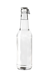 Clear White Glass Long Neck Beer, Cider or Soda Bottle with Easy Open Ring Pull Cap. 12oz (11oz) or 355ml (330ml) volume. Realistic 3D Mockup Isolated on White Background Close-Up.