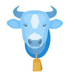 Cartoon blue cow head with gold bell on the neck. Stock vector illustration. Cow icon isolated on white background.