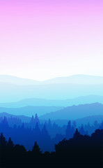 Fototapeta premium Natural forest trees mountains horizon hills silhouettes of trees and hills in the evening Sunrise and sunset Landscape wallpaper Illustration vector style Colorful view background